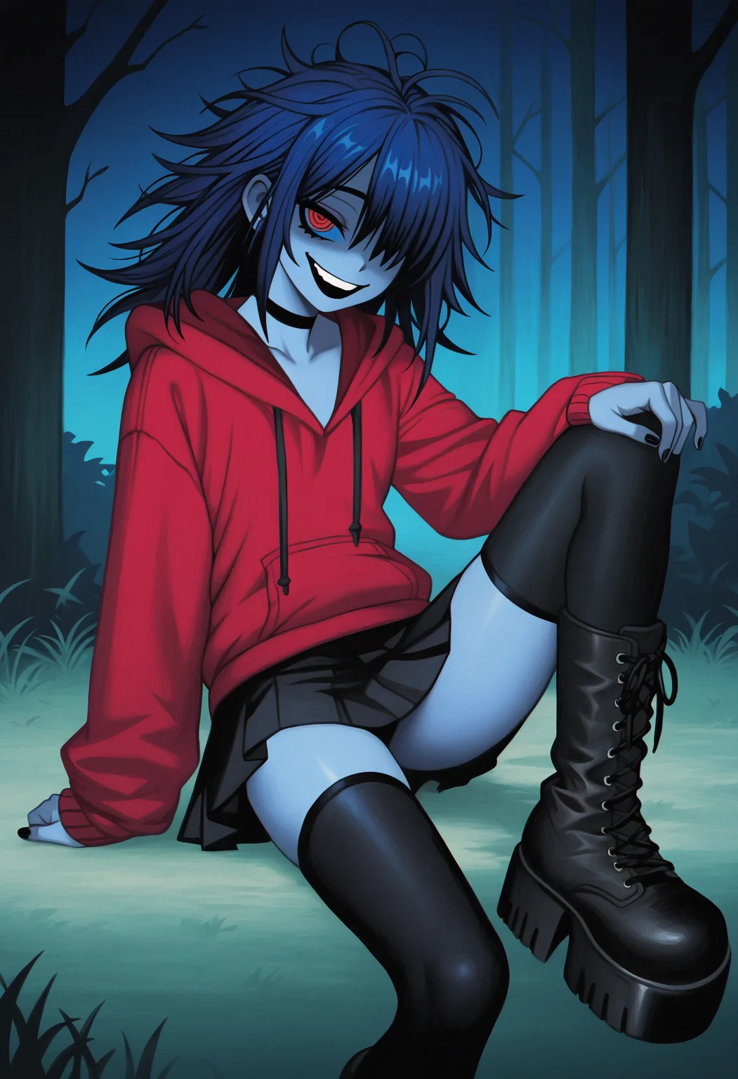 masterpiece, best quality, newest, absurdres, highres, chromatic aberration, 1girl, solo, colored skin, blue skin, red eyes, blue sclera, long hair, blue hair, messy hair, ringed eyes, red hoodie, black skirt, pleated skirt, miniskirt, combat boots, platform boots, knee boots, black thighhighs, black choker, blue drawstrings, black lips, hair over one eye, evil smile, gesugao, medium hair, hair over shoulder, bangs, black nails, black footwear, black laces, hood down, outdoors, night, forest,
<lora:glyvees_ill:1>