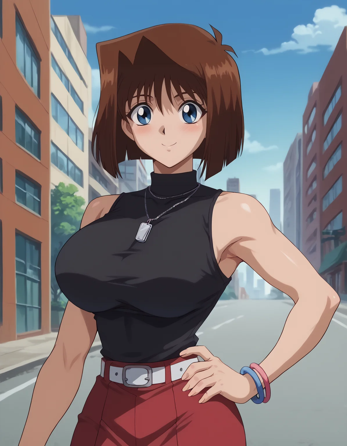 <lora:Anzu_MazakiPonyXL:0.7>, score_9, score_8_up, score_7_up, score_6_up, source_anime, anime screencap, BREAK, uncensored, brown hair, short hair, blue eyes, athletic sexy body, slim waist, huge breasts, anzumazakispe, black turtleneck shirt sleeveless, red skirt, white belt, dog tag necklace, outdoors, city, sky, blush, smile, bracelets, one hand on hip, <lora:Anime_Screencap:1>, <lora:PerfectEyesXL:1>, <lora:thicc_v1.4-pony:1>, upper body, curvy, voluptuous