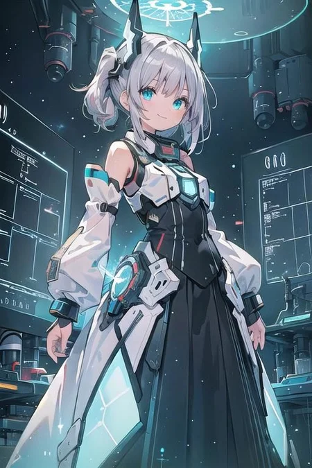 (masterpiece), (science fiction:1.4), 1girl, standing, smile, silver hair, aqua eyes, headgear, long sleeves, detached sleeves, glowing energy clothing, light particles