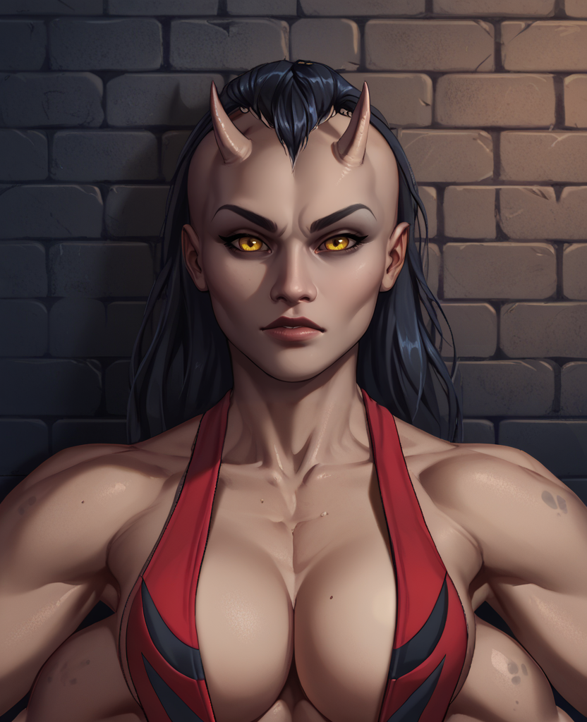 score_9,score_8_up,
sheevaxl,4 arms,yellow eyes,
slingshot swimsuit,black hair,toned,tiny  head horns,looking at viewer,cleavage,
upper body,close up,
dungeon,underground,
<lora:Sheevaxl:0.8>,
