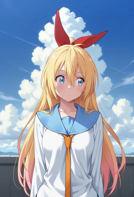 masterpiece,best quality,amazing quality, kirisaki chitoge, long hair, blonde hair, blue eyes, 1girl, solo, school uniform, cloud, ribbon, sky, hair ribbon, serafuku, orange necktie, day, necktie