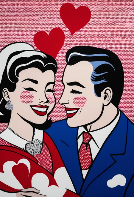an painting of a happy couple in the style of roy-lichtenstein, many hearts in the background.