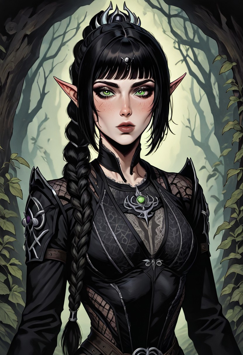 masterpiece, best quality, newest, absurdres, highres, FCMXV1.0, VGE-V1.0, goth fashion, victorian ,1girl, shadowheart \(baldur's gate\), long braid, elf, pointy ears, black hair, braid, side bangs, green eyes,