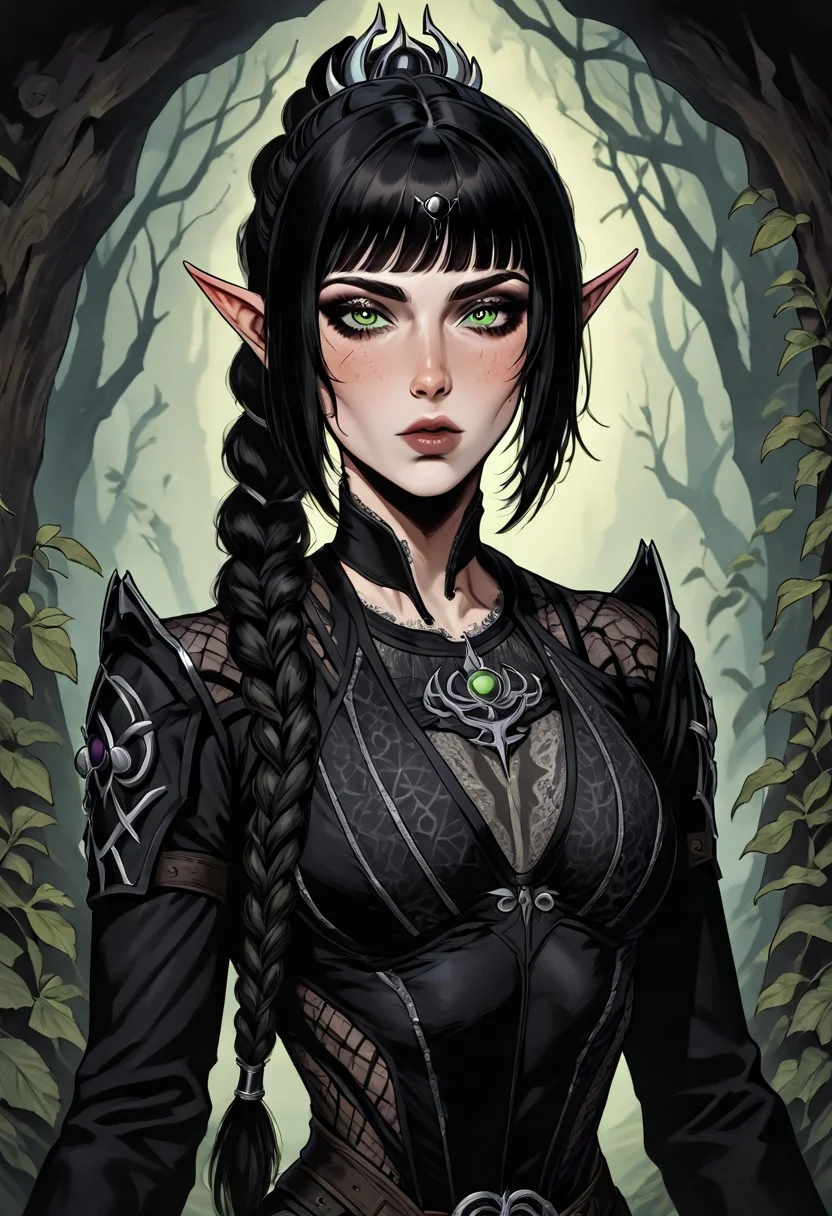masterpiece, best quality, newest, absurdres, highres, FCMXV1.0, VGE-V1.0, goth fashion, victorian ,1girl, shadowheart \(baldur's gate\), long braid, elf, pointy ears, black hair, braid, side bangs, green eyes,
