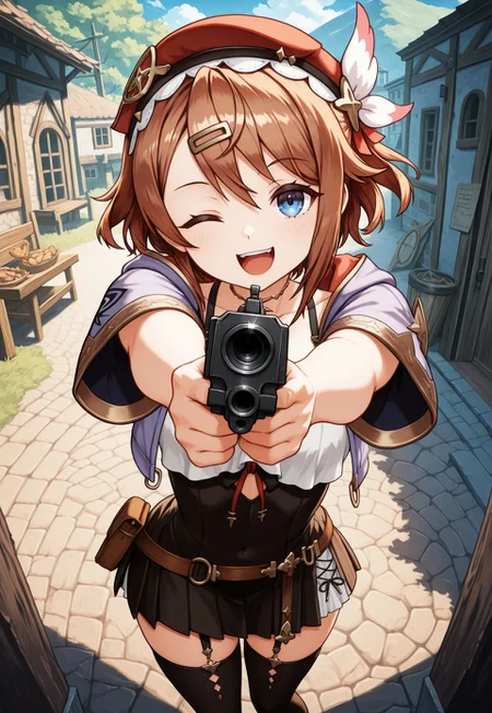 masterpiece, best quality, very aesthetic, absurdres,1girl, resna sternenlicht, atelier \(series\), laughing, light blush, brenmk1, standing, aiming at viewer, one eye closed, outdoor, depth of view,