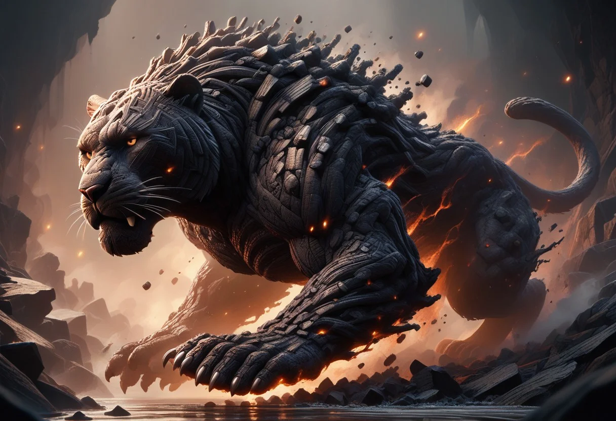 score_9_up, score_8_up, score_7_up, score_6_up, anthracite, coal, glowing, panther, animal, no humans, from side,