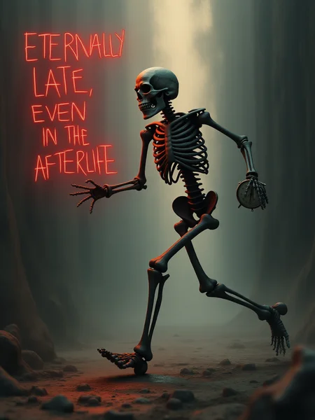 (the words "Eternally late, even in the afterlife" in pale red floating near the middle:2.0), a skeleton rushing with a clock in hand, text focus, <lora:Text_Logo_-_Style:1>