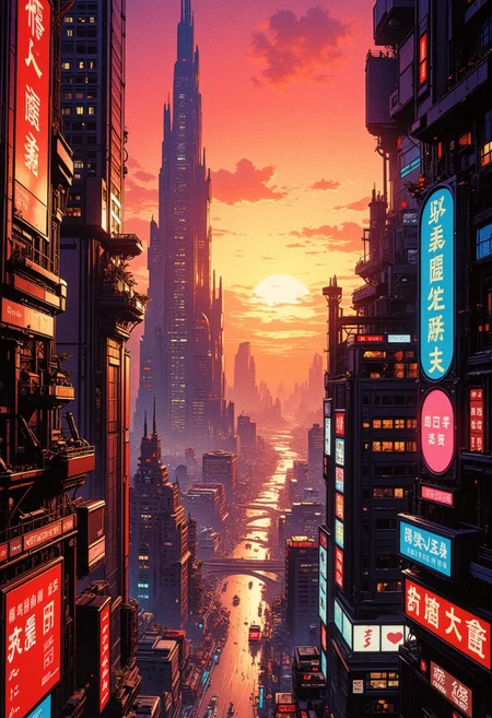 in the style of ck-sfc, detailed photorealistic image,  a sci-fi metropolis, with tall towers and skyscrapers, garish advertising screens and neon signs with Kanji and Hiragana, silhouetted at sunset, great lighting