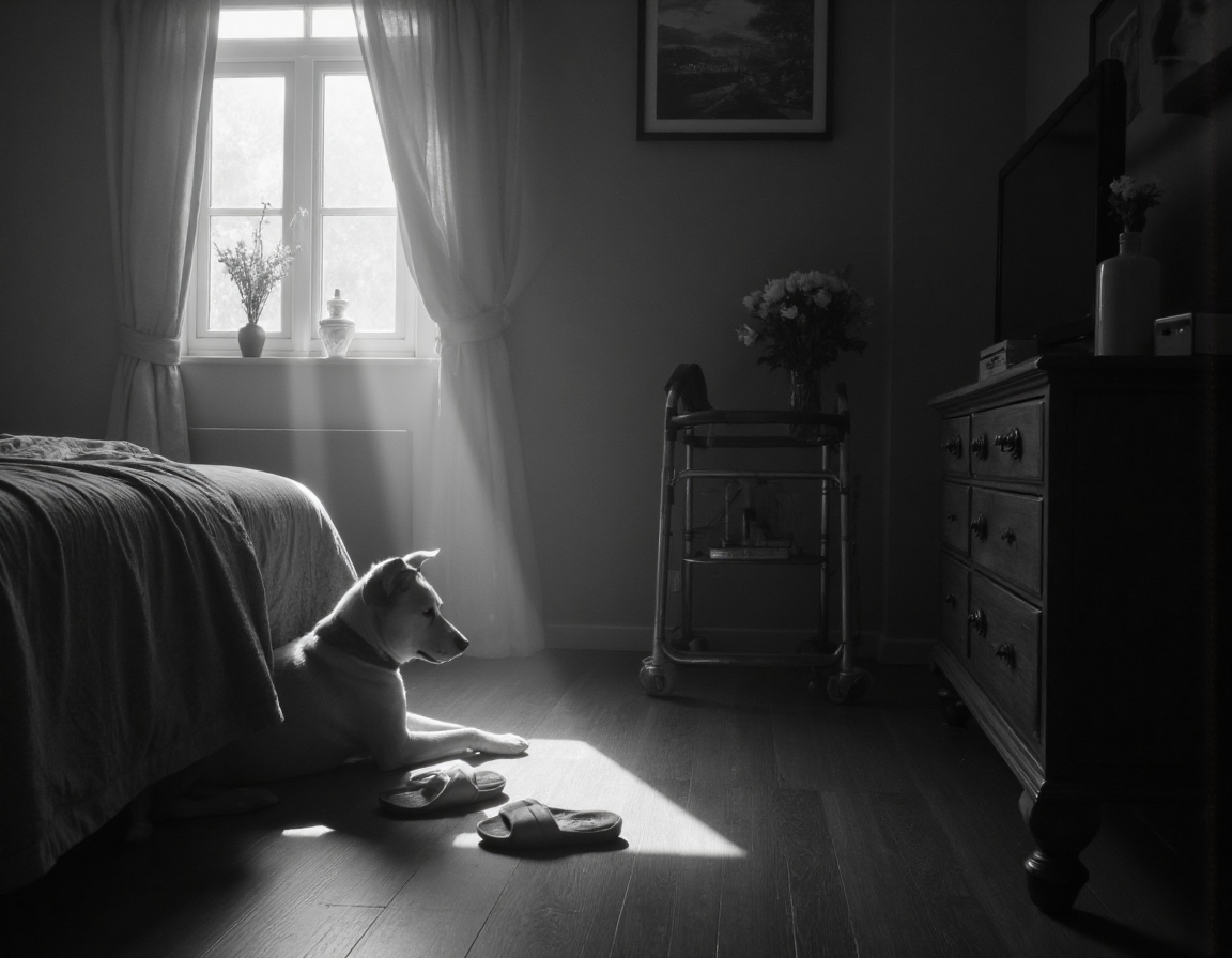 black and white photo. high-resolution cinematic film still photography, glamour photography. realistic, hyper realistic masterpiece photography, Canon R8, short focal length, 35mm, best quality, 4K, 8k UHD, ultra-high resolution, ultra-high definition, highres. Create scene of a side of a bed. The bed is neatly made, sheets are tucked in. House slippers on the floor beside the bed. The feeling is sad because a close family member has died. Fresh flowers in a vase by the night stand, photo on the nightstand. A walker is next to the bed. a dog waits for his owner to return but he will not return.
The scene is dark with dim dramatic shadows. depth of field. The scene is sad and dark. low angle photo. sun rays.