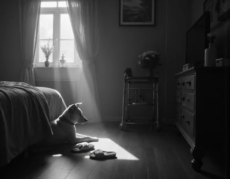 black and white photo. high-resolution cinematic film still photography, glamour photography. realistic, hyper realistic masterpiece photography, Canon R8, short focal length, 35mm, best quality, 4K, 8k UHD, ultra-high resolution, ultra-high definition, highres. Create scene of a side of a bed. The bed is neatly made, sheets are tucked in. House slippers on the floor beside the bed. The feeling is sad because a close family member has died. Fresh flowers in a vase by the night stand, photo on the nightstand. A walker is next to the bed. a dog waits for his owner to return but he will not return.
The scene is dark with dim dramatic shadows. depth of field. The scene is sad and dark. low angle photo. sun rays.