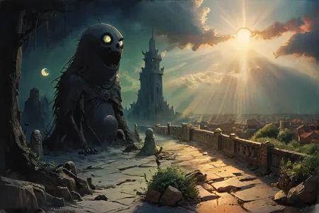 studio ghibli, darkest necropolis night of the envy sitting dead wast landscape, moon, eclipse, fog, BREAK brightest day of the happy living thriving busy (city:1.1), sun, god-rays, highly detailed, landscape, panorama, wide-angle, moody, atmospheric, masterpiece, high resolution, hdr, 8k, composition, shadows, clouds, <lora:- SDXL - vanta-black_contrast_V3.0:0.8>, <lora:- SDXL - otclillsn_impossible_geo_V1.0:0.7>, <lora:dfantasy:0.8>, <lora:The_Simplest:0.8>, <lora:DonMP41n717Bl4ckXL:0.4>, <lora:SDXL - Style - EldritchRomanceIllustration1.3.1:0.4>, <lora:artfullyECHELIER_SDXL_V1:0.4>