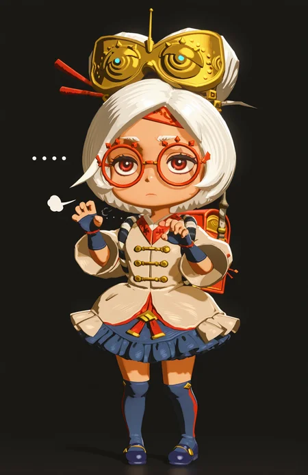 <lora:anatomy_helper:0.8> 1girl, solo, black background, full body, disappointed, expressionless, sigh, ..., bored,,claw pose, 3d
<lora:LilPurah-IL:1> prhmini, red eyes, red-framed eyewear, red-framed eyewear, beige jacket, blue skirt, frilled skirt, blue socks, kneehighs, blue footwear, mary janes, red headband, goggles on head, hair stick, hair beads, fingerless gloves, blue gloves, petticoat, randoseru, red bag, bag straps, blue and white striped strap, chibi, extremely detailed, highres, masterpiece, best quality