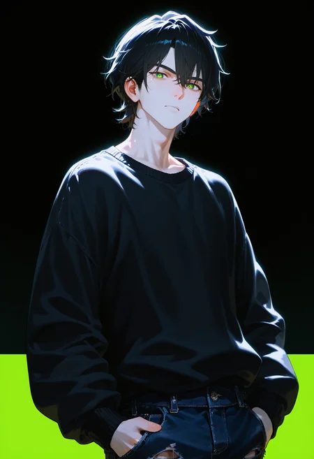 <lora:EtherPDXLStyleXL:1>, best quality, masterpiece, EtherPDXLStyle, Andrew Graves, 1boy, black hair, short hair, green eyes, black sweater, denim, ripped jeans, solo, boarder, green background, black background, pale skin,