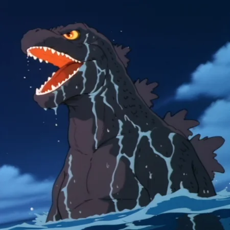 masterpiece, best quality, amazing quality, godzillaDSil, feral, male, godzilla, grey skin, grey back spines, yellow sclera, orange eyes, tail, wading, in ocean, wet, roaring, solo, from side