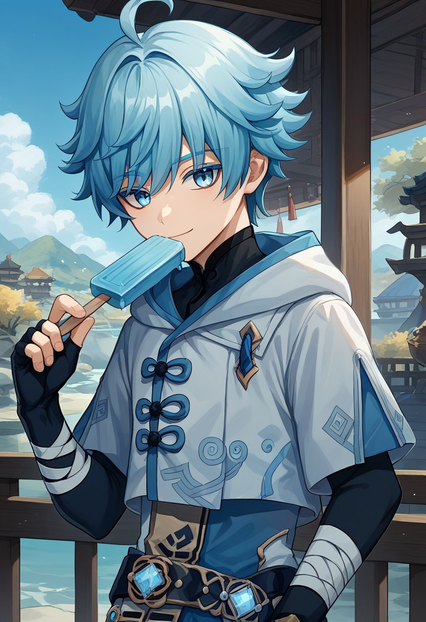 score_9, score_8_up, score_7_up, source_anime, highly detailed, 
Chongyun, 1boy, male focus, solo, light blue hair, short hair, hair between eyes, bangs, ahoge, blue eyes, chinese clothes, jacket, white jacket, hood, shirt, black shirt, short over long sleeves, gloves, black gloves, fingerless gloves, bandages, bandaged arm, vision (genshin impact), pants, holding, holding food, holding popsicle, popsicle, blue popsicle, smile, closed mouth.
outdoor, sky, oriental,