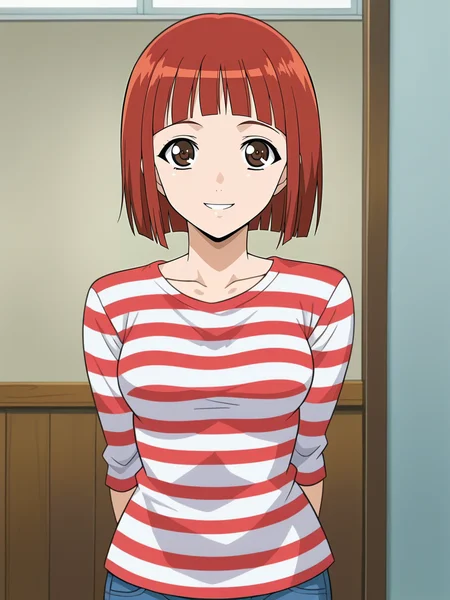 <lora:Mizuho_Shinozaki-Hitozuma_Ryoujoku_Sankanbi:0.8>,Mizuho,1girl,solo,red hair,brown eyes,short hair,blunt bangs,medium breasts,striped shirt,denim,arms behind back,cowboy shot,looking at viewer,indoors,smile
