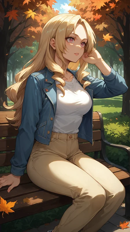 score_9,score_8_up,score_7_up,score_6_up, <lora:xl_more_art-full_v1:0.5>, source_anime, woman, dynamic pose, arm at her side, <lora:Yu Takeyama (Mt.Lady) - Pony-000004:0.8>, long hair, blonde hair, drill hair, pink eyes, denim jacket, t-shirt, beige pants, park bench, light rays, autumn leaves,