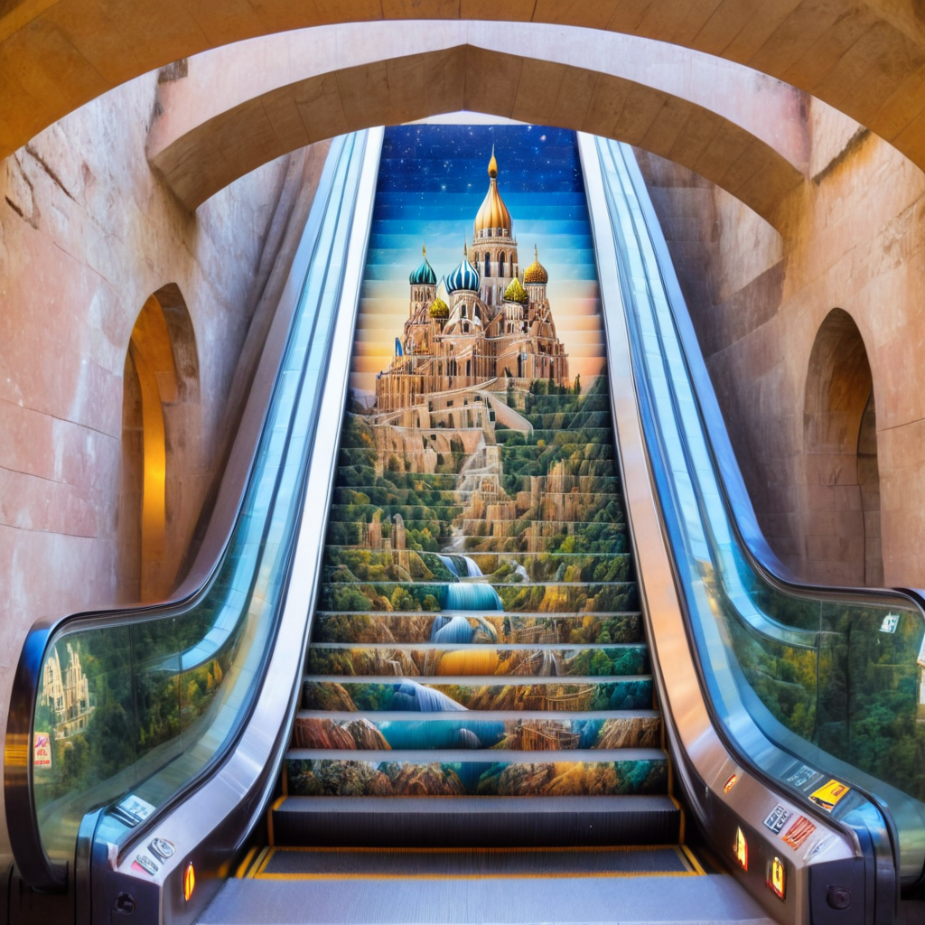 escalator, a magnificent palace nestled amidst breathtaking scenic beauty, architectural grandeur, with its intricate details, majestic domes, and towering spires, escalator-art <lora:escalator-art6:1>