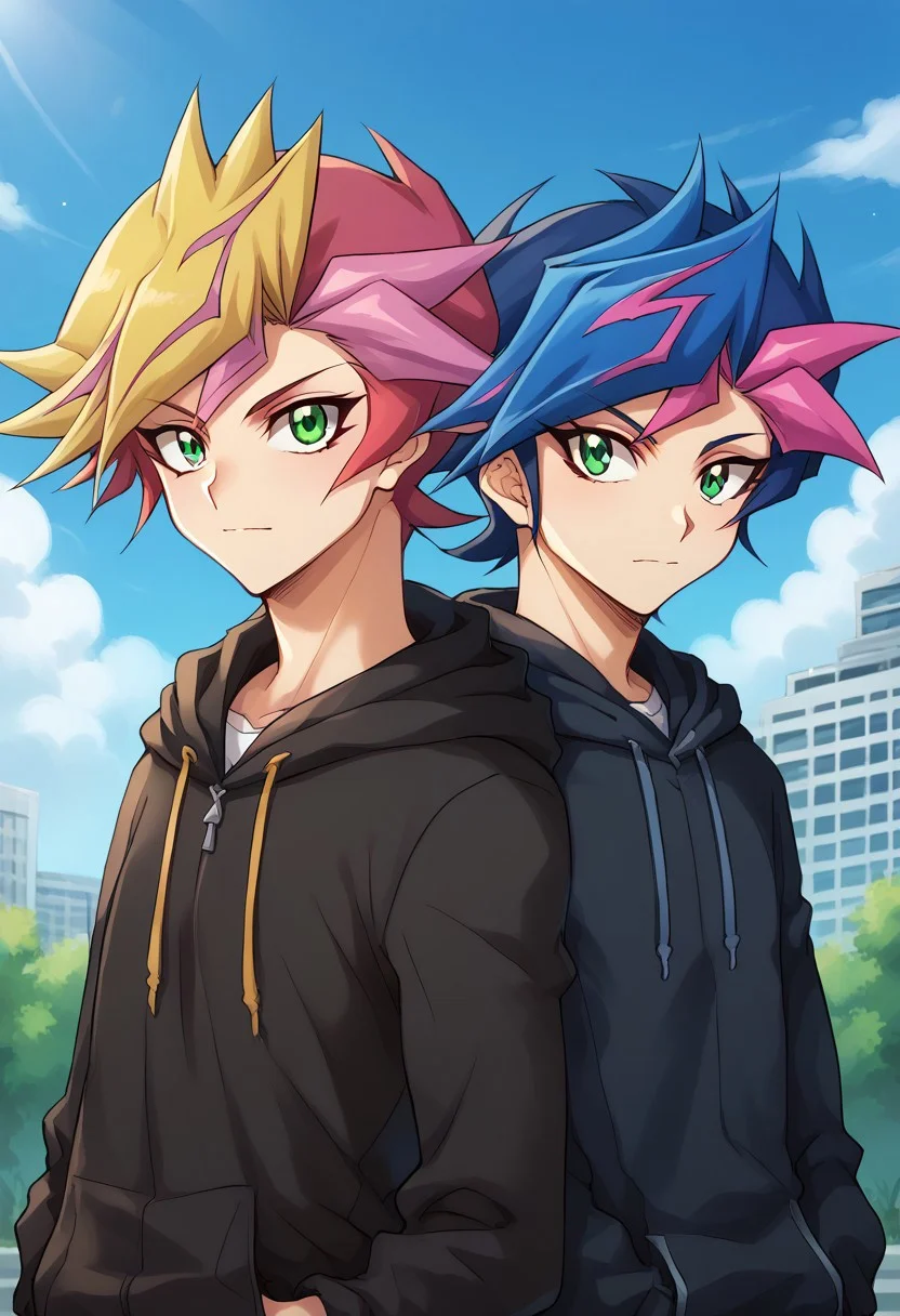 score_9, score_8_up, score_7_up, source_anime, highly detailed, 2boys,
yusaku, 1boy, male focus, multicolored hair, green eyes, spiked hair, blonde hair, looking at viewer, closed mouth, dyed bangs, hoodie BREAK
yusaku, 1boy, male focus, green eyes, multicolored hair, blue hair, two-tone hair, pink hair, hoodie BREAK
outdoor, sky, building, upper body,