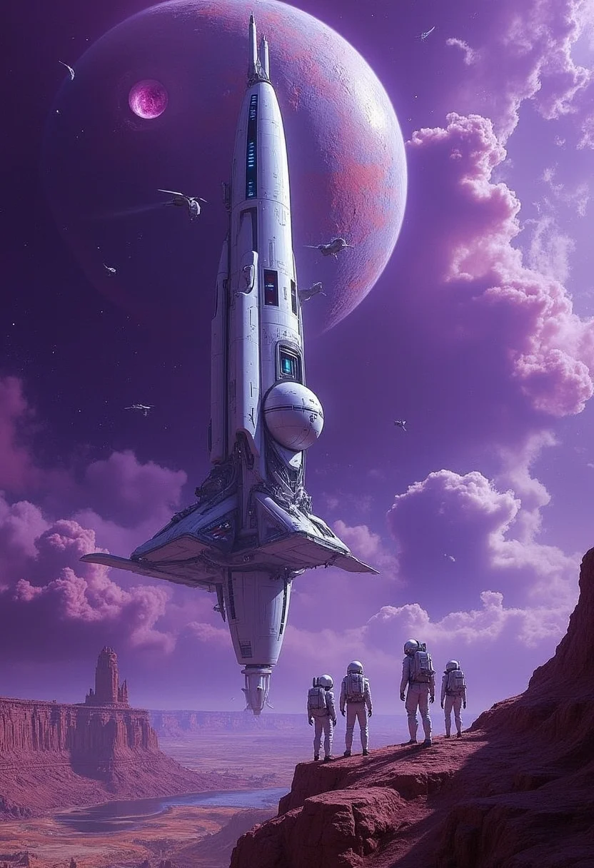 yfg-taal A sleek, silver spaceship emerges from a swirling purple nebula, hurtling towards a distant, moonlit planet with a cracked, crimson surface and a barren, rocky landscape, as the ship's crew of four astronauts in sleek white spacesuits gaze out at the view in awe, against the backdrop of a vibrant blue-black space station floating in the void.