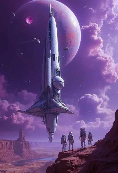 yfg-taal A sleek, silver spaceship emerges from a swirling purple nebula, hurtling towards a distant, moonlit planet with a cracked, crimson surface and a barren, rocky landscape, as the ship's crew of four astronauts in sleek white spacesuits gaze out at the view in awe, against the backdrop of a vibrant blue-black space station floating in the void.