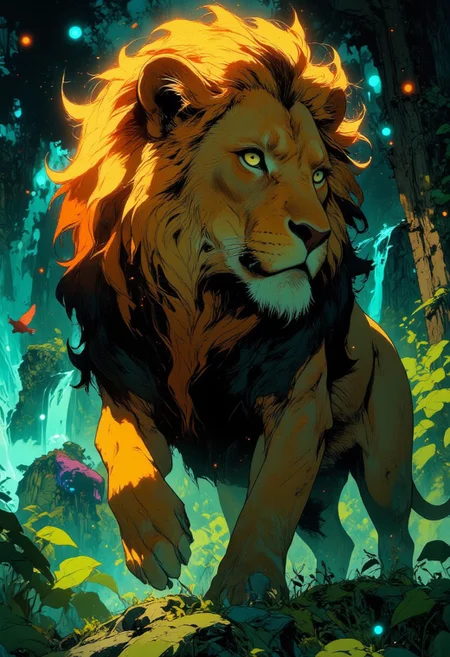 A mighty lion stands regally against a lush, emerald jungle, his golden mane illuminated by the first rays of the rising sun. The air is thick with the scent of morning dew, as fiery orange and deep magenta light filter through the dense canopy, casting dramatic streaks of light over his powerful frame. His piercing amber eyes glow with wisdom and strength, reflecting the untamed spirit of the wild. Behind him, a waterfall cascades down moss-covered rocks, shimmering in iridescent blues and purples, while exotic birds in radiant hues of red and turquoise take flight through the mist. Each strand of his mane moves subtly with the breeze, embodying the raw power and grace of nature’s most formidable ruler. Close-up, slightly below eye level for an intense and commanding presence.
Anime art, Niji Stan Katayama Style