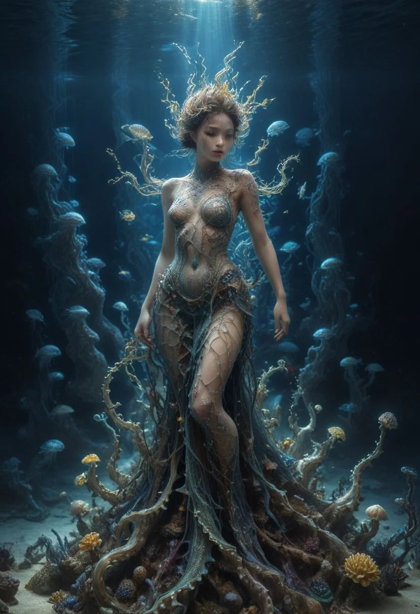 piercing light, (aesthetics:1.1), (low colors:1.2), BREAK,
<lora:-_SDXL_-_holo_effect_V1.0:1>, hi-tech and futuristic holographic scanning, bioluminescence, optical fiber, masterpieces, octane rendering, unreal engine, intricate details, UHDR, 32, futuristic epic scene, super beautiful and realistic picture (( (fantastic landscape))) of ((underwater world)),fantastic sea creatures, mermaids, god neptune in (hdr), 8K quality, many living organisms, (fish), (coral), octopus, jellyfish, crustacean, etc. 1 ((research submarine)), wreck, ((1 heavy diver))