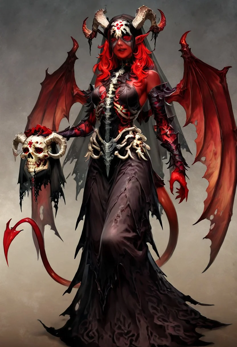 masterpiece, best quality, newest, absurdres, highres, H6UAS-V1.0IL, realistic, 1girl, red skin, red colored skin, demon girl, succubus, demon horns, horns, demon wings, demon tail, wings, horror (theme), monster girl, skull, skull mask, bones, skeleton, veil, veiled face, mask,