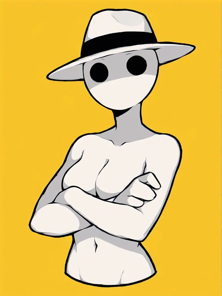 <lora:wrnsignPDXL:1> yellow background, black lineart, white body, lineless, flat colors, score_7_up, score_6_up, score_5_up, score_4_up, solo, upper body BREAK
(humanoid:1.1), black eyes, looking at viewer, noseless, mouthless, medium breasts, crossed arms, fedora, white hat