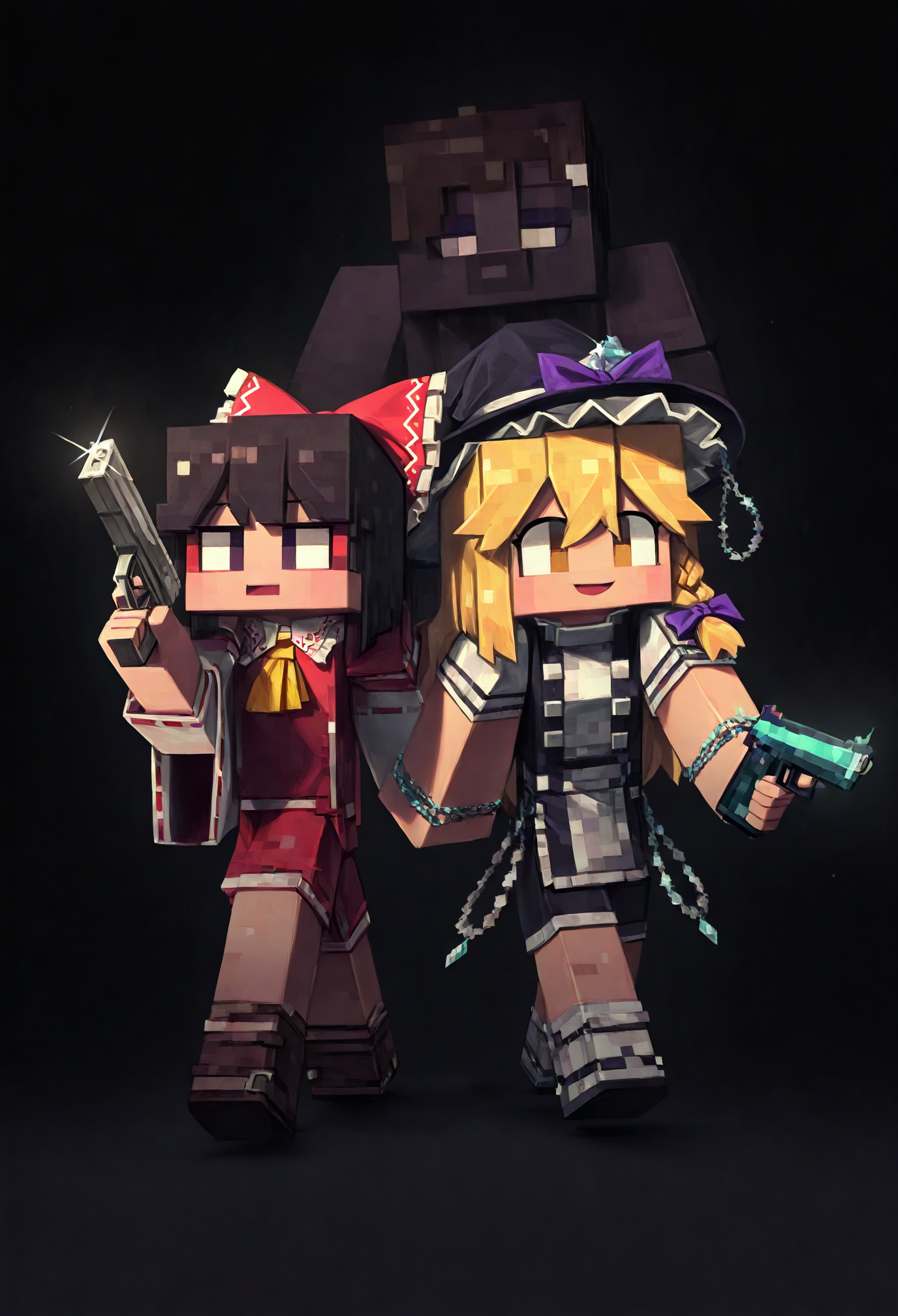<lora:SDXL\Illustrious\ComfyUI_itercomp_00001_.safetensors:1.0:1.0> <lora:SDXL\Illustrious\minecraft filter [IL]_1.safetensors:1.6:1.0>minecraft filter,2girls,marisa kirisame, reimu hakurei, gang sign, cap, handgun, gangsta, sunglass, diamond chain, bling-bling, BREAK Tsukumizu,(porforever:0.5),(rei \(sanbonzakura\):0.8),masterpiece, absurdres, aesthetic, best quality,[:dark theme:15]