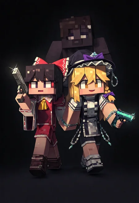<lora:SDXL\Illustrious\ComfyUI_itercomp_00001_.safetensors:1.0:1.0> <lora:SDXL\Illustrious\minecraft filter [IL]_1.safetensors:1.6:1.0>minecraft filter,2girls,marisa kirisame, reimu hakurei, gang sign, cap, handgun, gangsta, sunglass, diamond chain, bling-bling, BREAK Tsukumizu,(porforever:0.5),(rei \(sanbonzakura\):0.8),masterpiece, absurdres, aesthetic, best quality,[:dark theme:15]