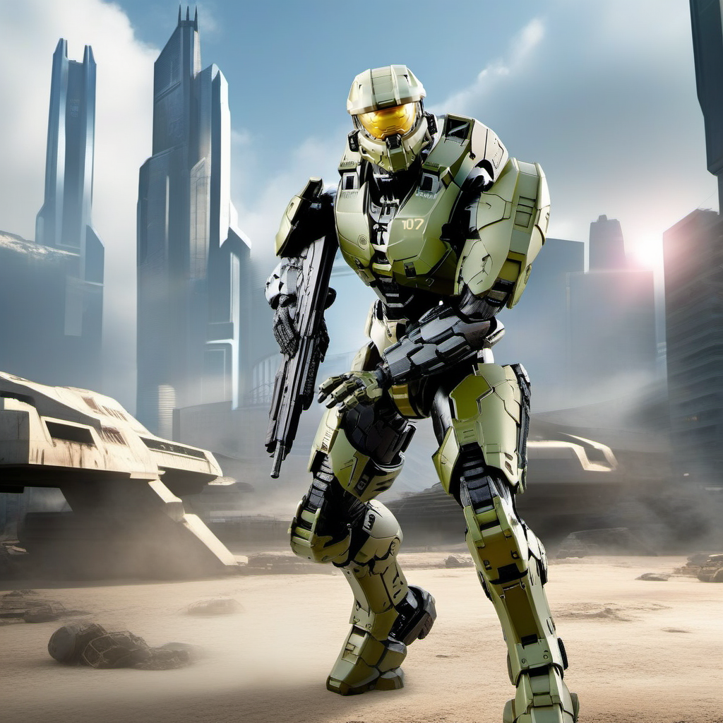 Halo1024, a robot soldier, full body, war , post apocalyptic city, highly detailed, photography, ultra sharp, film, bokeh, professional, 64k  <lora:Halo1024-000140:0.8>