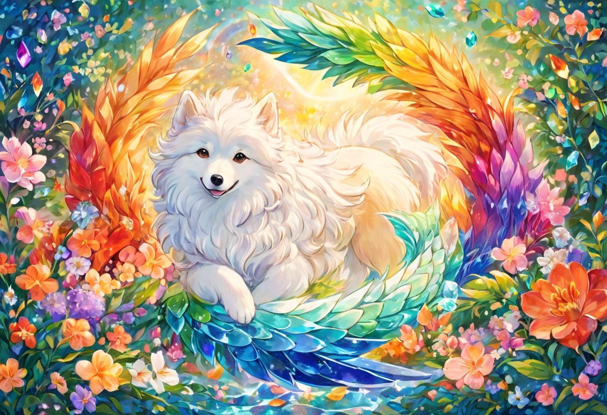 (masterpiece), (highest quality), (extremely detailed), highres, shedu mythological creature, dog with gorgeous mane, multicolored fur, rainbow fur, majestic manticore, griffon, samoyed dog, cute, fluffy, iridescent, (belly rub, playful, rolling in flowers) prismatic, rag curls, doggo, lush vegetation, mermaid scales, in the style of Arnold Bocklin, gentle loving eyes, crystal feathers, crystal sculpture, apricot blossoms, ice fox, 2d, swirly, curly hair, colorful 1.9,