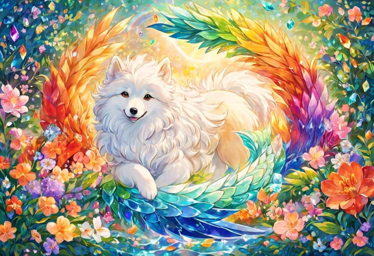 (masterpiece), (highest quality), (extremely detailed), highres, shedu mythological creature, dog with gorgeous mane, multicolored fur, rainbow fur, majestic manticore, griffon, samoyed dog, cute, fluffy, iridescent, (belly rub, playful, rolling in flowers) prismatic, rag curls, doggo, lush vegetation, mermaid scales, in the style of Arnold Bocklin, gentle loving eyes, crystal feathers, crystal sculpture, apricot blossoms, ice fox, 2d, swirly, curly hair, colorful 1.9,