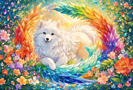 (masterpiece), (highest quality), (extremely detailed), highres, shedu mythological creature, dog with gorgeous mane, multicolored fur, rainbow fur, majestic manticore, griffon, samoyed dog, cute, fluffy, iridescent, (belly rub, playful, rolling in flowers) prismatic, rag curls, doggo, lush vegetation, mermaid scales, in the style of Arnold Bocklin, gentle loving eyes, crystal feathers, crystal sculpture, apricot blossoms, ice fox, 2d, swirly, curly hair, colorful 1.9,