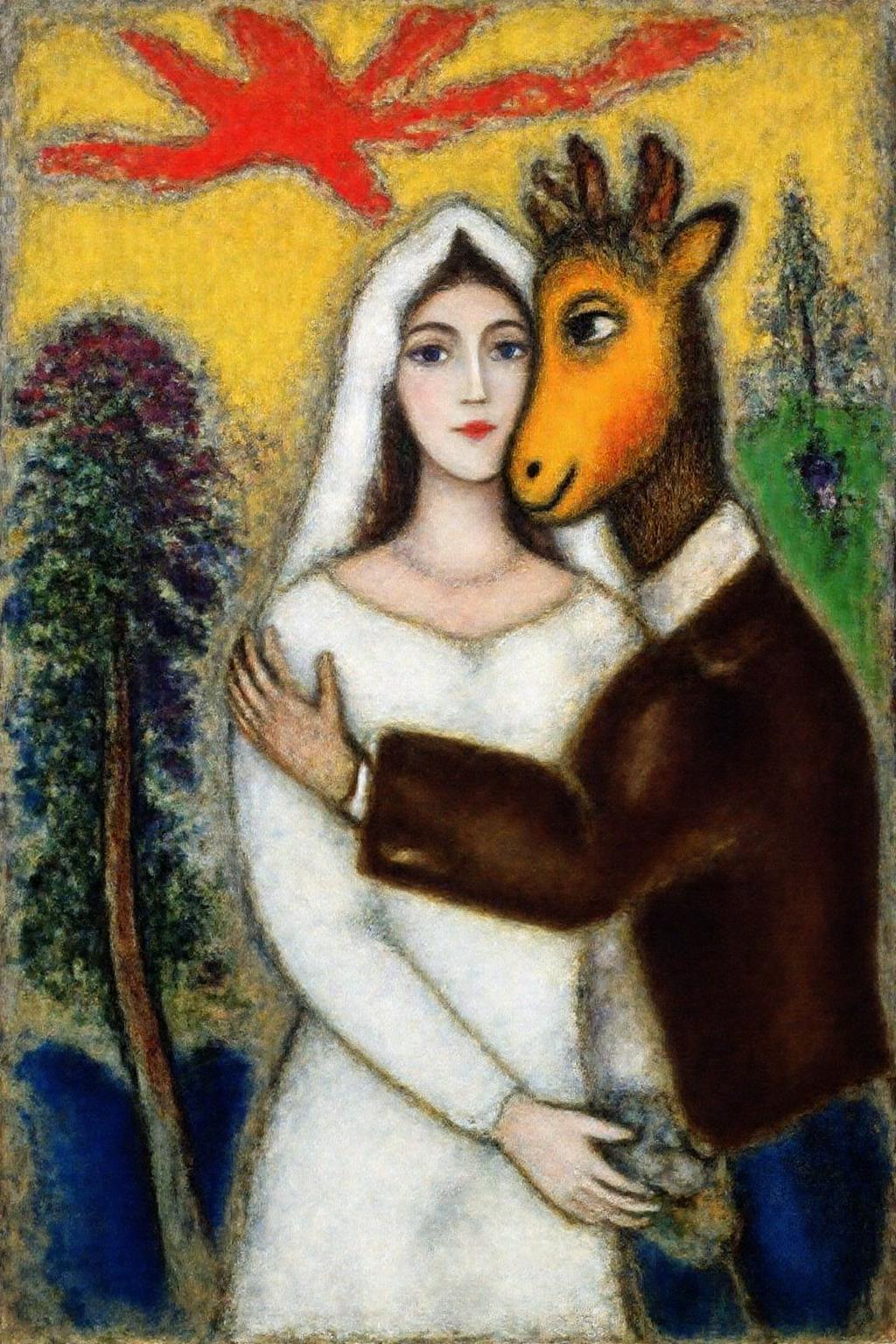 marcha9 painting 
A surreal, dreamlike scene with a woman and an anthropomorphic donkey embracing. The woman, with long, straight, dark hair, is dressed in a flowing white gown, symbolizing purity and innocence. She has a serene expression, with her eyes closed. The anthropomorphic donkey, is dressed in a dark brown coat, his face blending into the deer's body. He has a gentle, almost protective expression. They are standing in a stylized, abstract landscape. The background features a vibrant, swirling pattern of yellows and oranges, suggesting a sunset or a dreamy sky. <lora:marcha2_cap_d6a3e15:1.0><lora:814263041542667622:0>