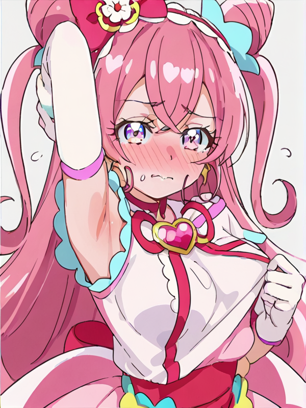 score 9, score 8 up, score 7 up, detailed background, shiny skin,
<lora:cureprecious.pony:1>,
cureprecious,
armpit, large breasts, heavy blush, half-closed eyes, embarrassed, pulling shirts side,