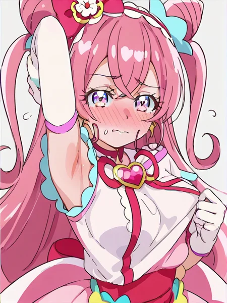 score 9, score 8 up, score 7 up, detailed background, shiny skin,
<lora:cureprecious.pony:1>,
cureprecious,
armpit, large breasts, heavy blush, half-closed eyes, embarrassed, pulling shirts side,