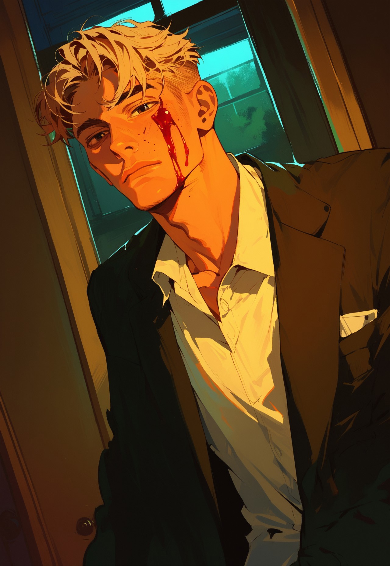 Score_9, score_8_up, score_7_up, score_6_up, score_5_up, score_4_up, a male is, 1boy, male focus, gloves, solo, black gloves, blood on face, shirt, darkness, formal suit, indoors, black gloves, agent, color theory, shadows, semi-realism, killer, dynamic angle, adjusting jacket, wide angle, dark room, window, standing, no expression, looking from window, horror, closed mouth, curtains, thinking pose, 