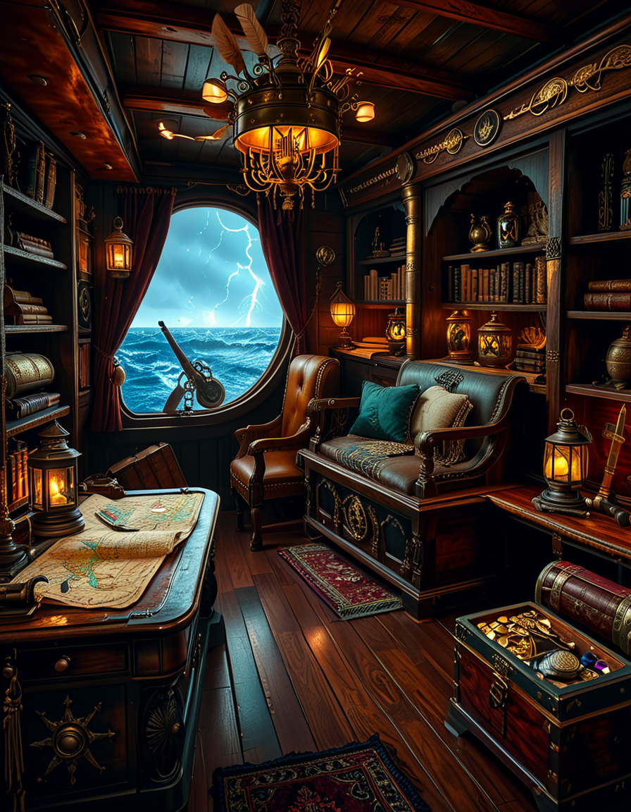 <lora:Captain_c4b1n:1>,Captain c4b1n
A richly detailed pirate captain's cabin aboard an 18th-century wooden ship. The room is dimly lit by flickering candlelight and a hanging oil lantern, casting warm golden glows on the dark oak walls. An ornate wooden desk sits at the center, covered with ancient, weathered maps, a golden compass, and scattered quills with ink bottles. A large, curved window at the back reveals the vast ocean under a moody, cloudy sky, with faint moonlight seeping in.
To the right, a massive wooden bookshelf filled with leather-bound books, nautical charts, and mysterious artifacts, some covered in dust. On the left, a polished mahogany chest with intricate carvings, partially open, revealing gold coins and shimmering gemstones. A grand captain's chair, upholstered in deep red velvet, sits behind the desk, exuding authority and power.
The wooden floor is rugged and slightly uneven, adorned with an old tattered rug. A cutlass and a flintlock pistol rest casually on the desk, while a pirate hat with a large feather hangs on the wall beside a mounted shipâs wheel. The atmosphere is both eerie and majestic, evoking the spirit of adventure and the mysteries of the sea.
<lora:SDXLFaeTastic2400:0.4> <lora:extremely_detailed:0.4> extremely detailed, Masterpiece,best quality,hi res,8k,hi res,8k,award winning,(sharp focus, intricate, highly detailed),
