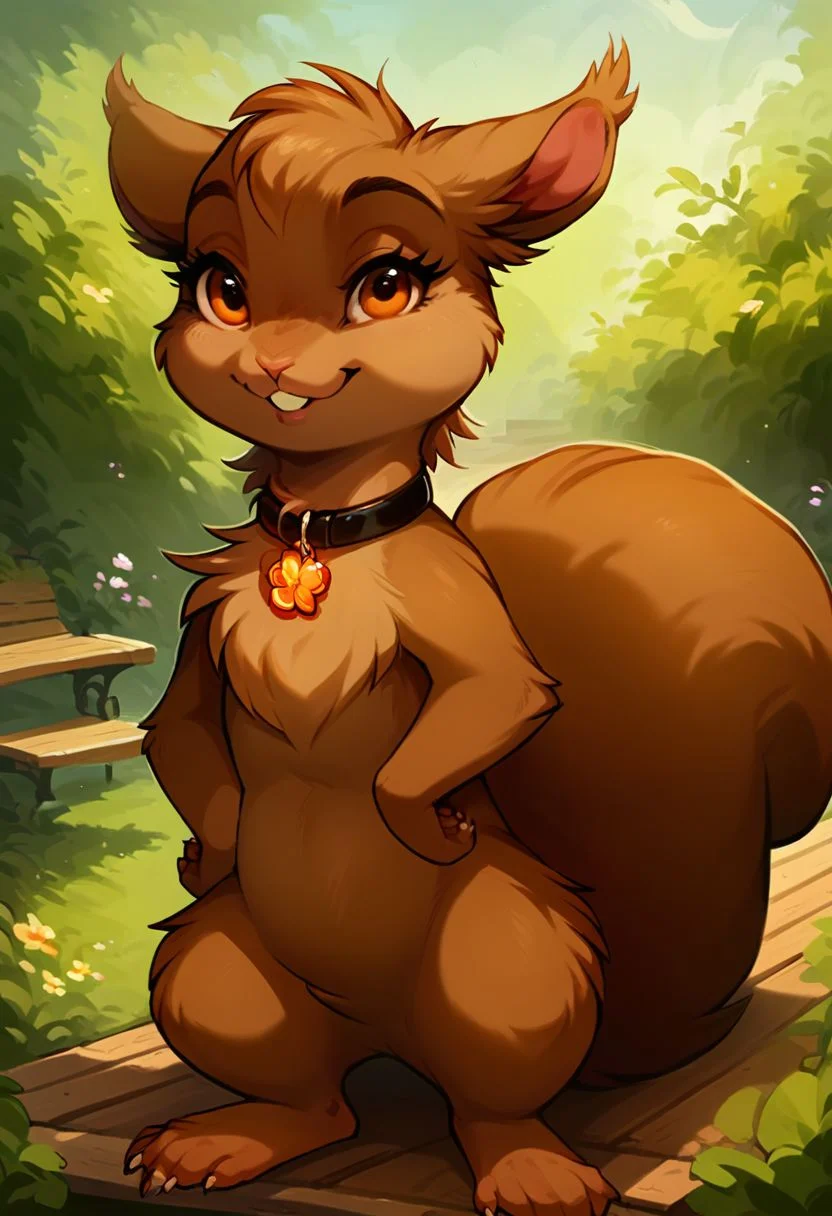 (((score_9, score_8_up, score_8, nibbly, female squirrel, orange eyes, feral, brown fur, nibbly collar, rodent incisor, squirrel ears, squirrel tail, feral))), claws, (((young cub, feral))), (((crotch view, crotch tuft, chest tuft, hands on hips))),, (masterpiece, best quality, hires, high resolution:1.2), rating_explicit, detailed background, (((bench, garden))), (((feral))), (((lewd smile, suggestive))), bedroom eyes, (((young cub, feral, crotch tuft, rodent incisor))),