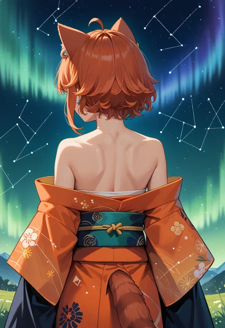score_9, score_8_up, source_anime, 1girl, solo, RatnaPetit, orange eyes, animal ears, orange hair, short hair, ahoge, earrings, tail, aurora, back, bare back, bare shoulders, constellation, from behind, kimono, light particles, long sleeves, off shoulder, <lora:ChamRatnaPetitPonyXL:1>
