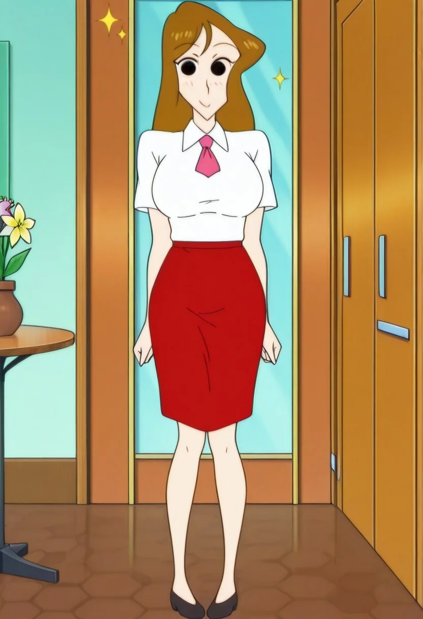 best quality, masterpiece, anime screencap, anime coloring, ultra detailed, source_anime, intricate details, perfect anatomy, 1girl, solo, looking at viewer,
woman4, brown hair, black eyes, long hair, breasts, large breasts, smile,
red skirt, shirt, necktie, short sleeves, pencil skirt, white shirt, pigeon-toed, shoes, collared shirt,
plant, scenery, door, sparkle, table, shelf, flower pot, chair,