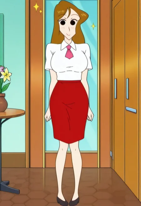 best quality, masterpiece, anime screencap, anime coloring, ultra detailed, source_anime, intricate details, perfect anatomy, 1girl, solo, looking at viewer,
woman4, brown hair, black eyes, long hair, breasts, large breasts, smile,
red skirt, shirt, necktie, short sleeves, pencil skirt, white shirt, pigeon-toed, shoes, collared shirt,
plant, scenery, door, sparkle, table, shelf, flower pot, chair,