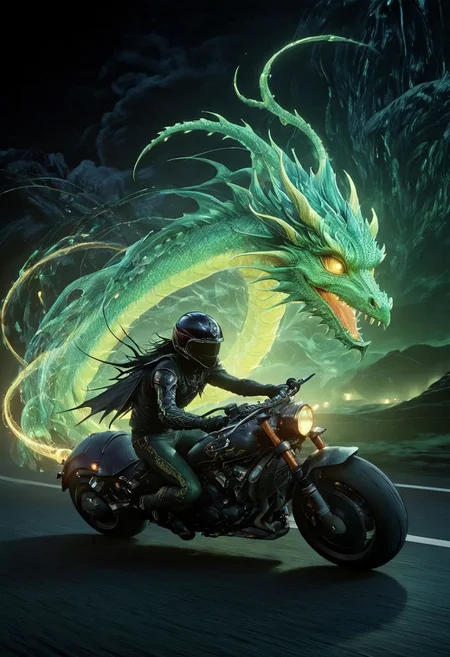 Rear View, Deep black Photorealistic bf-style, a dreamy vibrant fairy elfish motorbike resembling a Dragon in motion with light-trails, volumetric lighting, ultra detailed, deep Blacks, very detailed, atmospheric haze, Film grain, cinematic film still, shallow depth of field, highly detailed, high budget, cinemascope, moody, epic