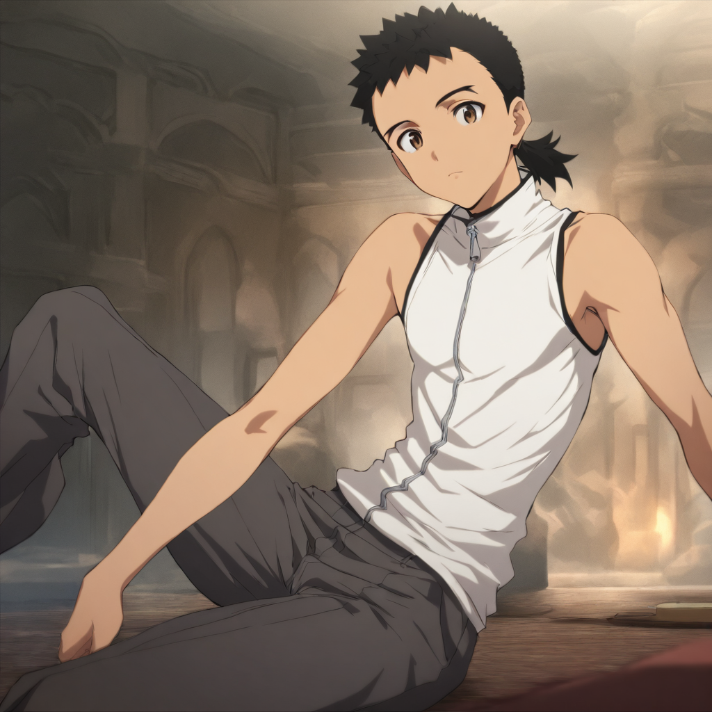 solo,looking at viewer,masterpiece,high score,great score,absurdres,<lora:Kenshi_Masaki ag4o v1:1> 1boy, kenshi_masaki, black hair, ponytail, brown eyes,sleeveless,white shirt,pants,