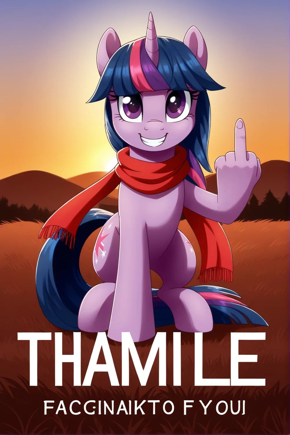 rating_all, score_69, source_pony, twilight sparkle, 1girl, cover, looking_at_viewer, middle_finger, profanity, red_eyes, red_scarf, sample, scarf, sunset, text "thank you",