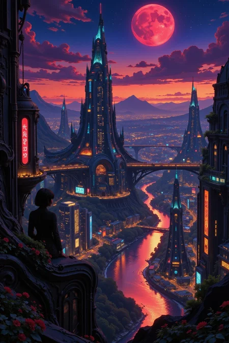 a futuristic sci-fi fantastic cyberpunk city beautiful  landscape, dusk, woman, very intricate, very detailed, sharp, bright, colorful, <lora:Hand v2:0.5> <lora:Anti-Blur:1><lora:Insane Detail Slider:0.25>  <lora:flux.1_lora_flyway_Epic-detail_v2:0.3> <lora:fluxenhancer:0.25> <lora:Anime_style:0.6> anime style