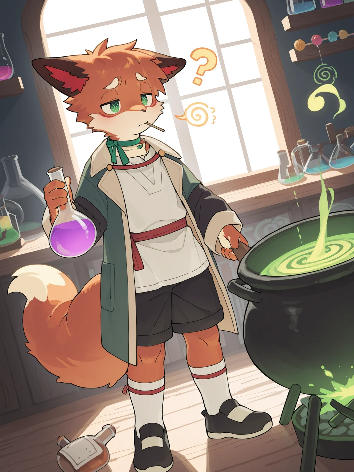 taiqing, fox, solo, anthro, male, short stack, coat and white shirt, green neck ribbon, black shorts, white socks, shoes, lollipop in mouth, emanata, swirl, swirl emanata, cauldron,   flask, alchemy, confusion, dutch angle, athletic male, cute, holding flask, sad, floppy ears, 
<lora:ThreefoldRecital_2.11:0.8>
 BREAK sasakama \(sasagaki01\), shiun \(siun 5513\),
 BREAK masterpiece, best quality, amazing quality, very aesthetic,highres, absurdres,