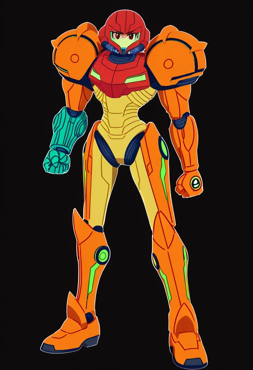1girl, solo, AtraM1xt, red eyes, PrimeVaria, power_suit, power armor, gauntlets, robot hands, helmet, green visor, clenched hands, looking at viewer, peace sign, standing, black background, full body view.<lora:Atra Mixta - Gundam IBO-000008:1>